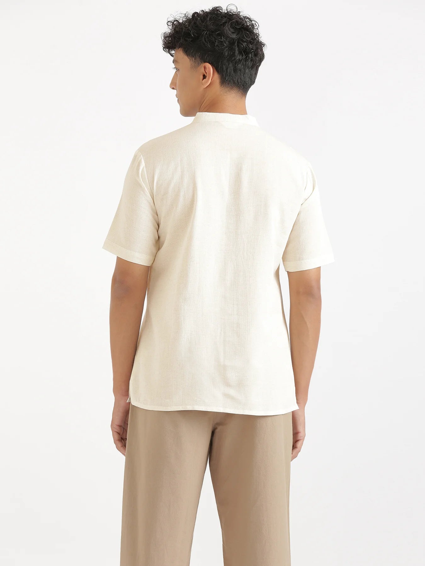 Men Flowy Linen Half Sleeve Ecru Kurta