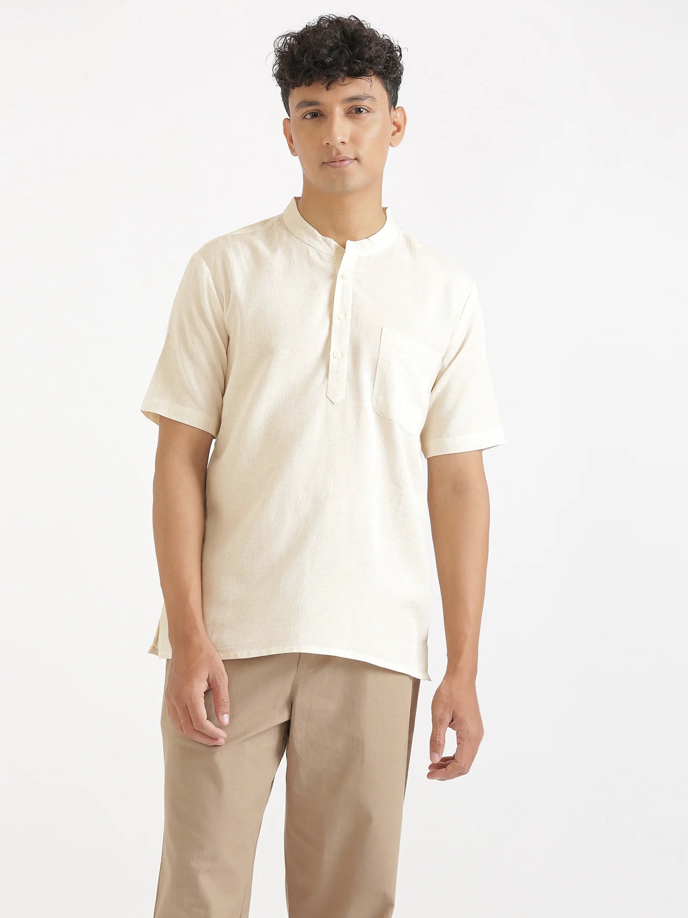 Men Flowy Linen Half Sleeve Ecru Kurta