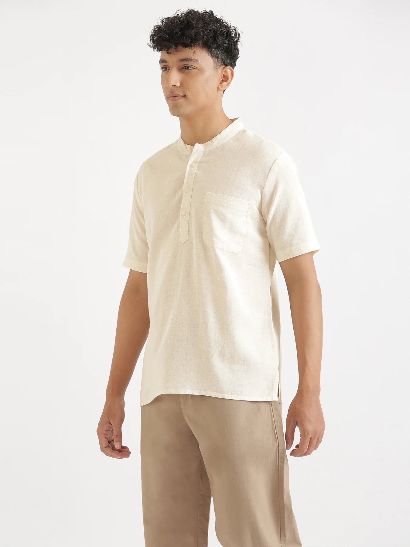Men Flowy Linen Half Sleeve Ecru Kurta