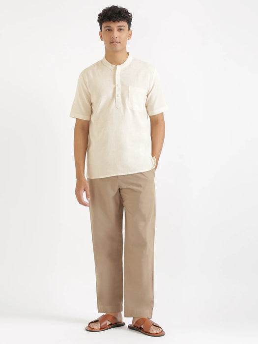 Men Flowy Linen Half Sleeve Ecru Kurta