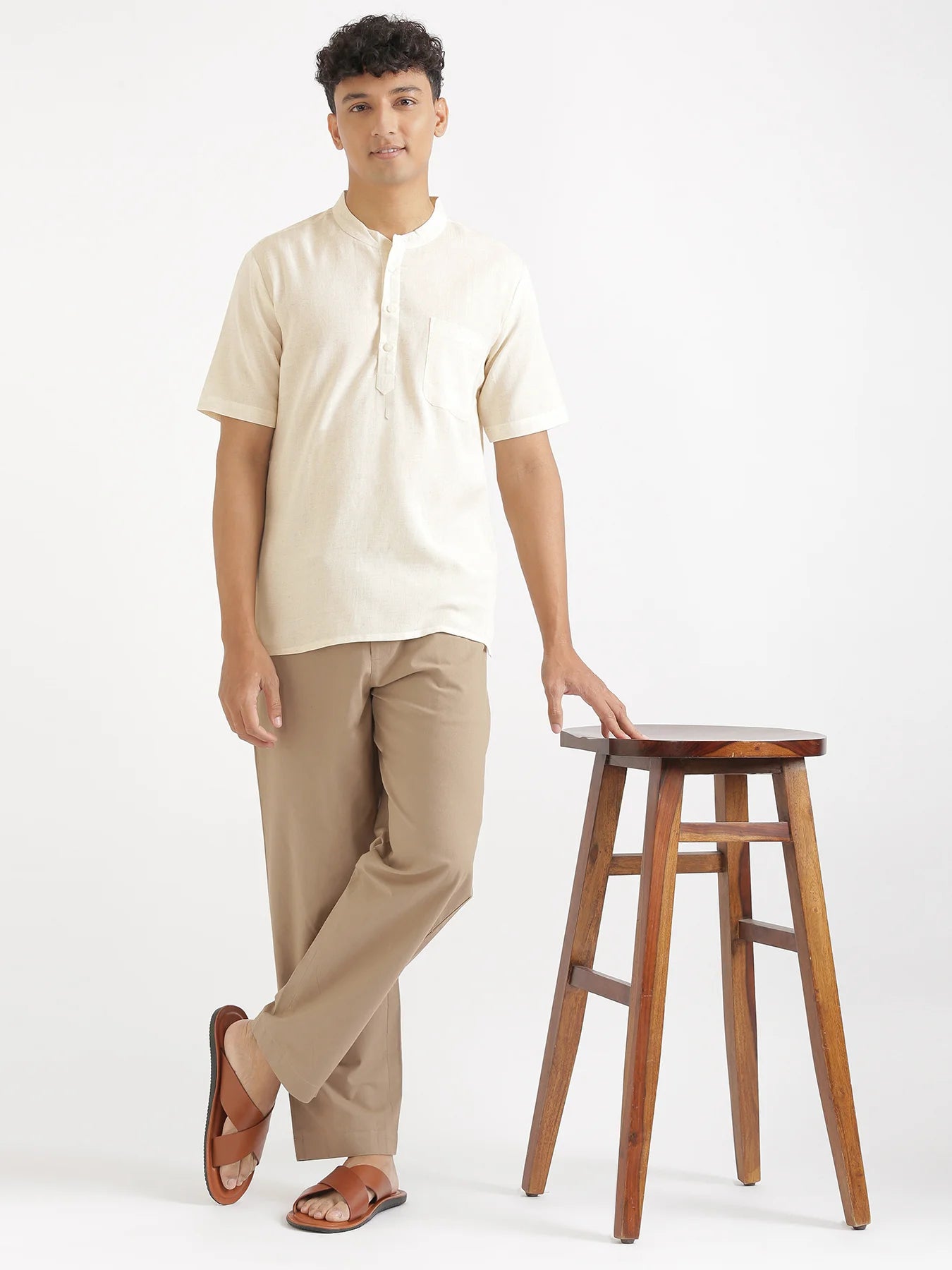 Men Flowy Linen Half Sleeve Ecru Kurta