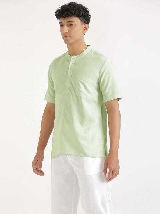 Men Flowy Linen Half Sleeve Mint Green Kurta