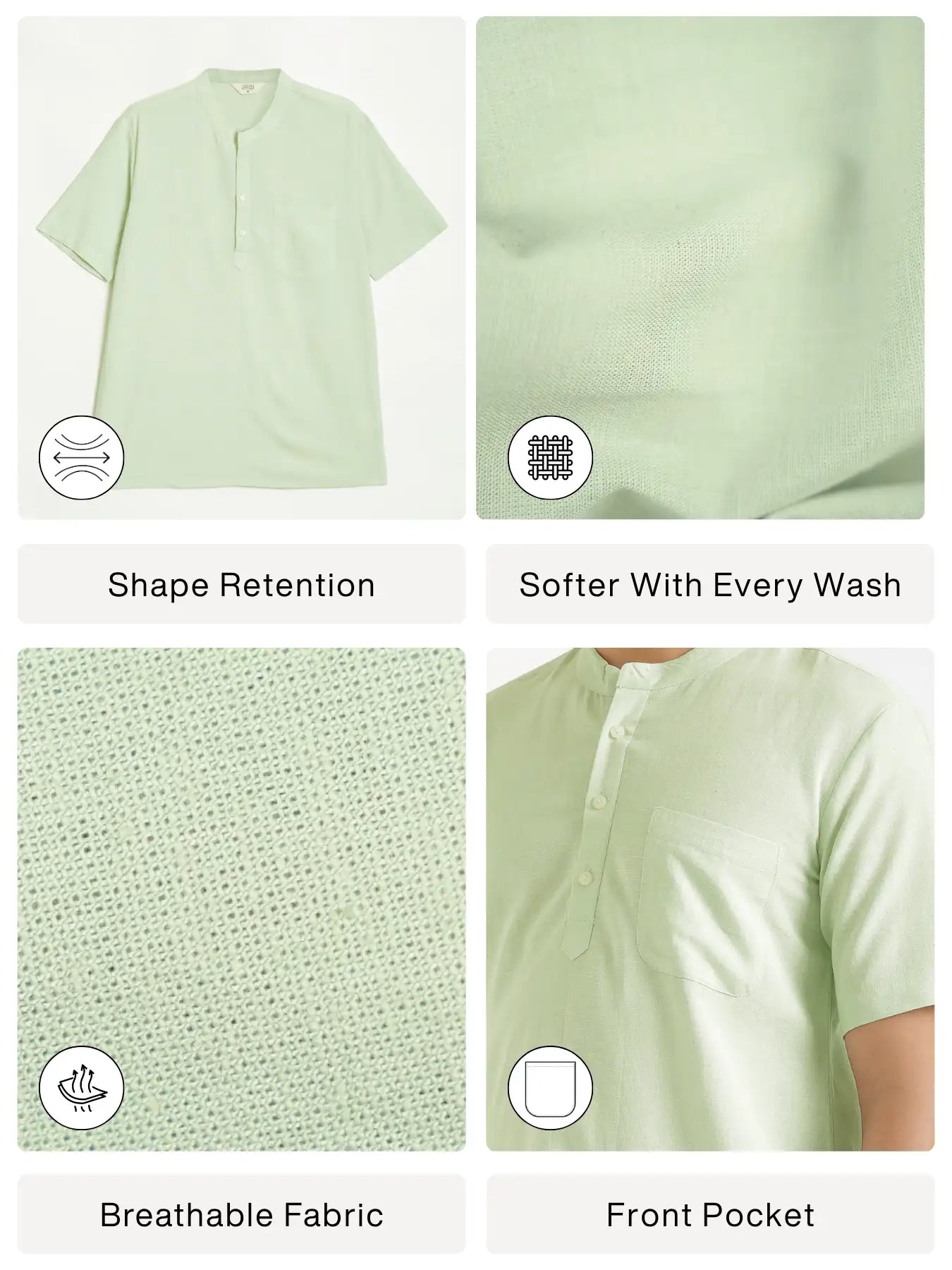 Men Flowy Linen Half Sleeve Mint Green Kurta