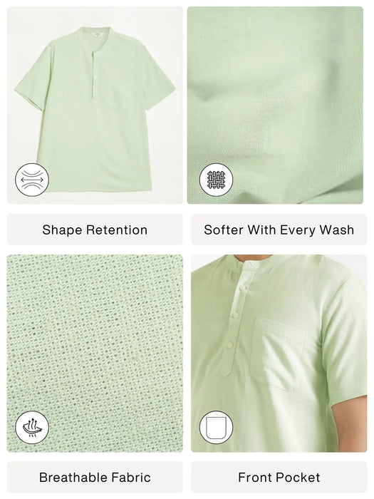 Men Flowy Linen Half Sleeve Mint Green Kurta