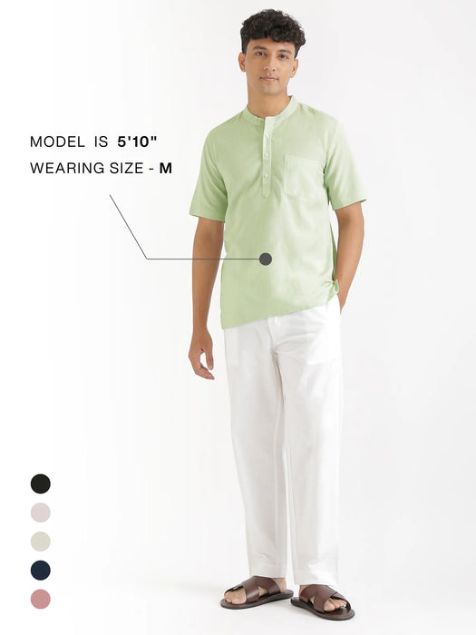 Men Flowy Linen Half Sleeve Mint Green Kurta