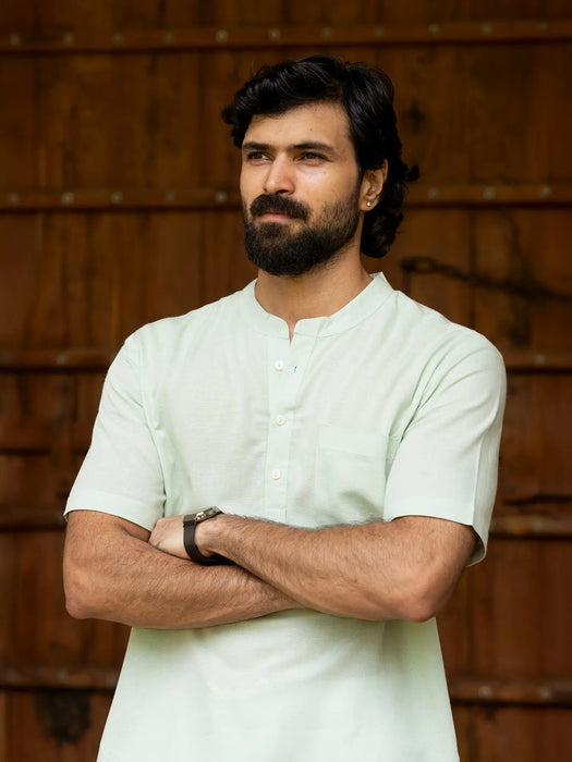 Men Flowy Linen Half Sleeve Mint Green Kurta
