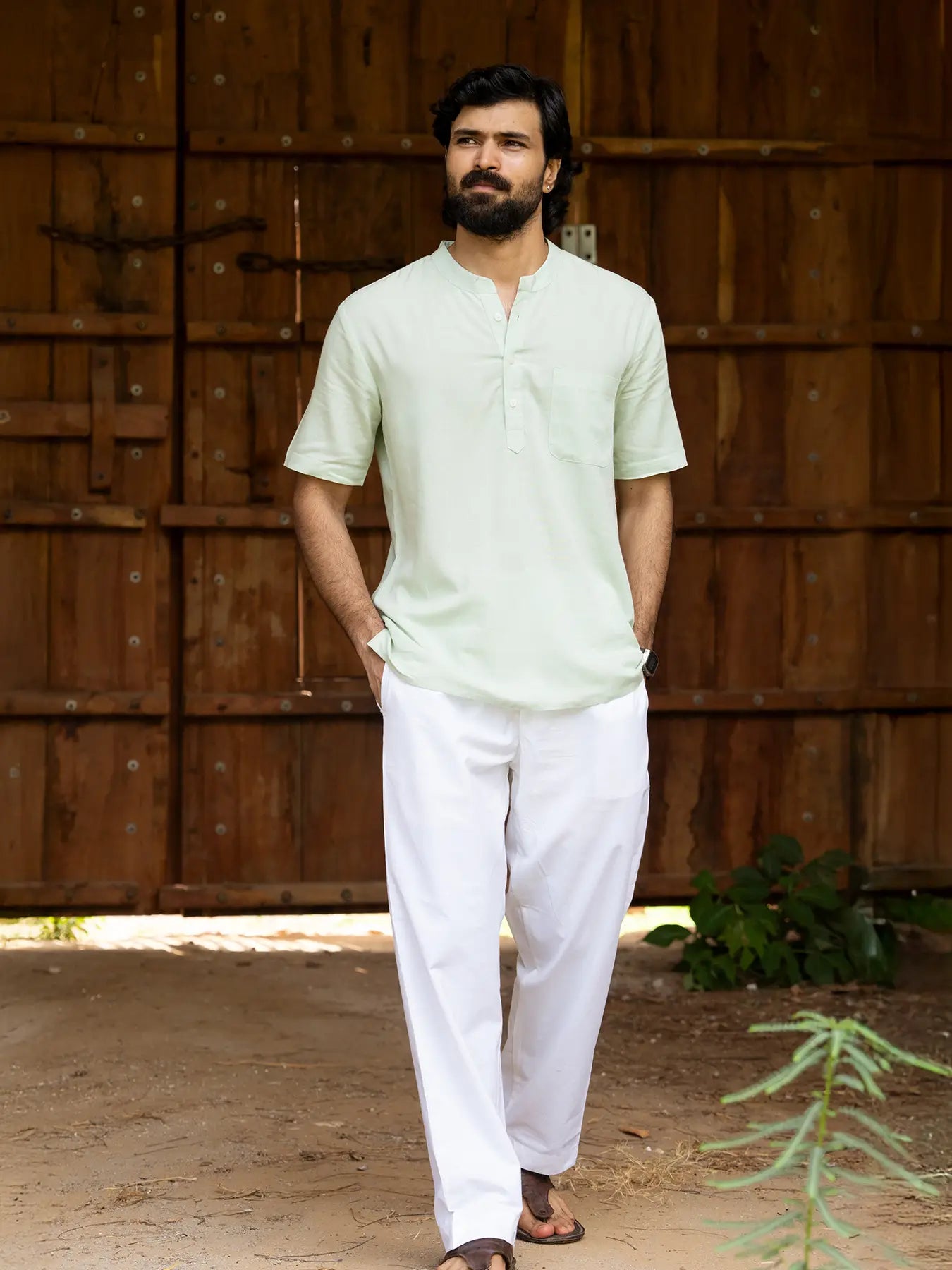 Men Flowy Linen Half Sleeve Mint Green Kurta