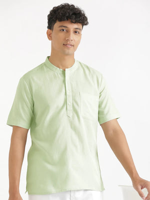 Men Flowy Linen Half Sleeve Mint Green Kurta