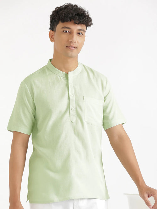 Men Flowy Linen Half Sleeve Mint Green Kurta