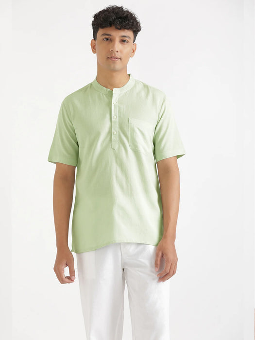 Men Flowy Linen Half Sleeve Mint Green Kurta