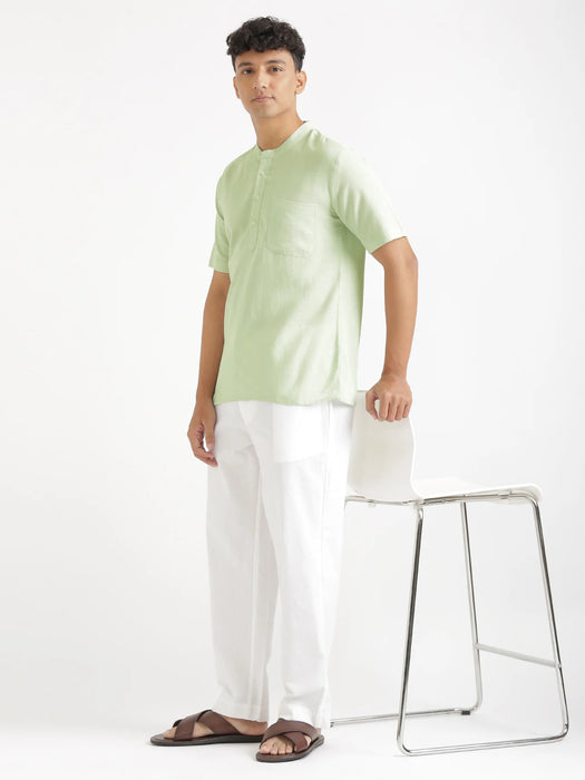 Men Flowy Linen Half Sleeve Mint Green Kurta