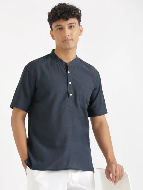 Men Flowy Linen Half Sleeve Navy Blue Kurta