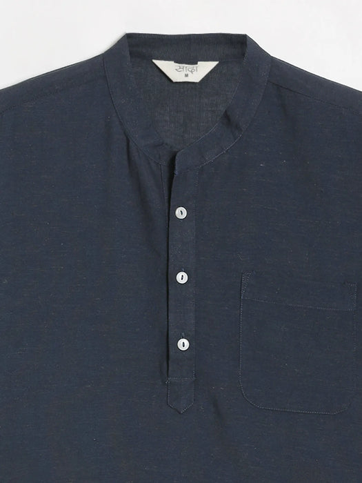 Men Flowy Linen Half Sleeve Navy Blue Kurta