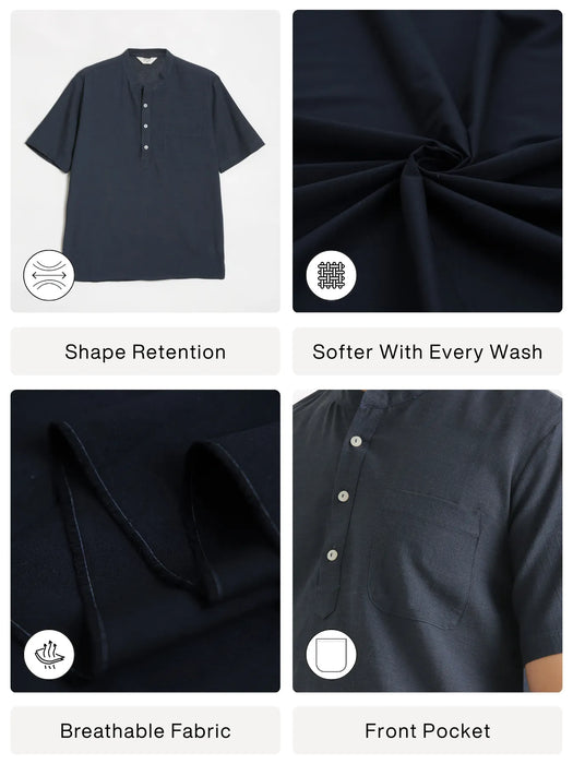Men Flowy Linen Half Sleeve Navy Blue Kurta