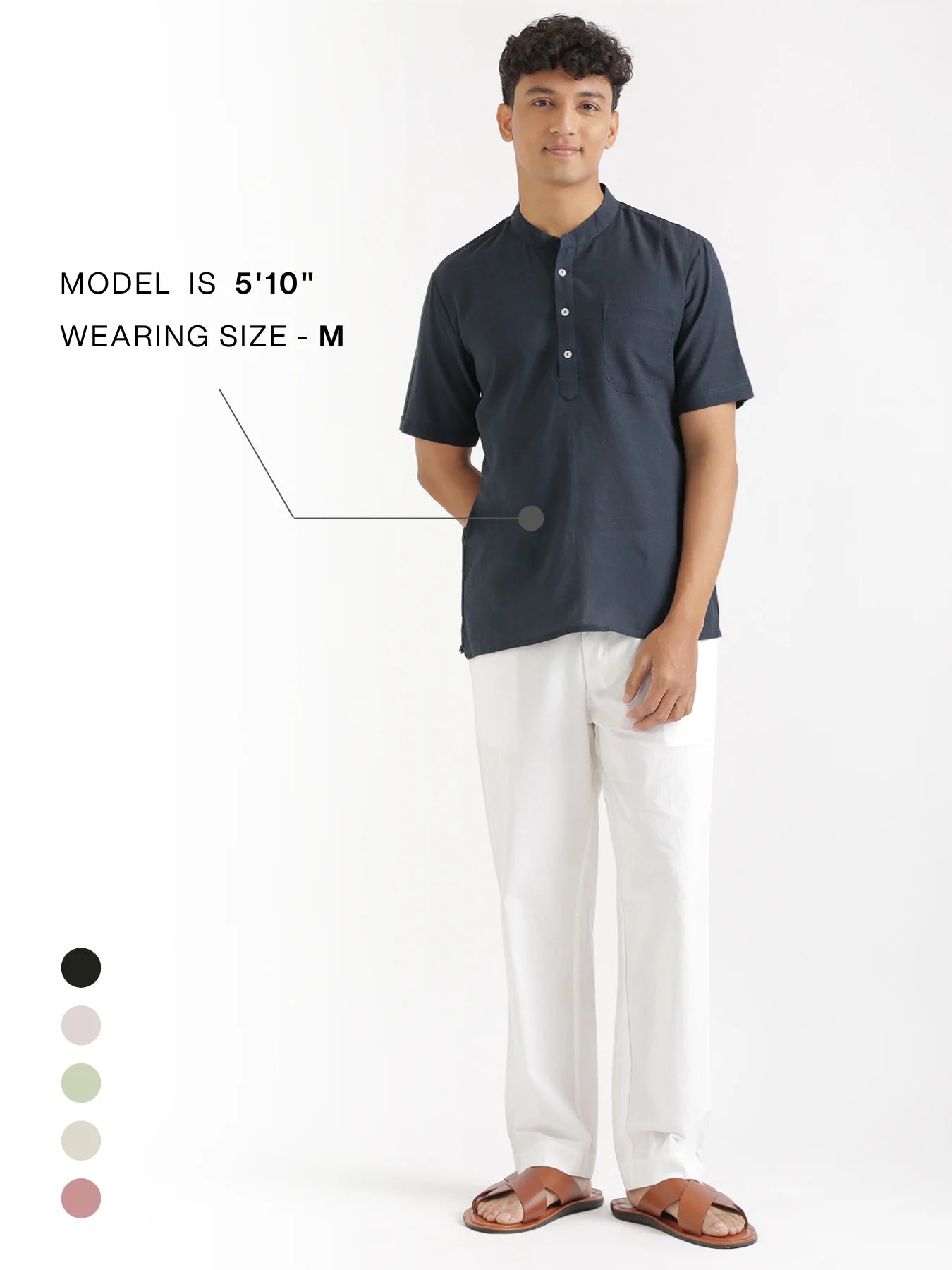 Men Flowy Linen Half Sleeve Navy Blue Kurta