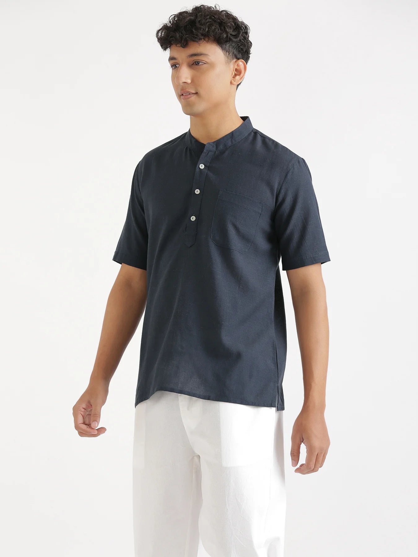 Men Flowy Linen Half Sleeve Navy Blue Kurta