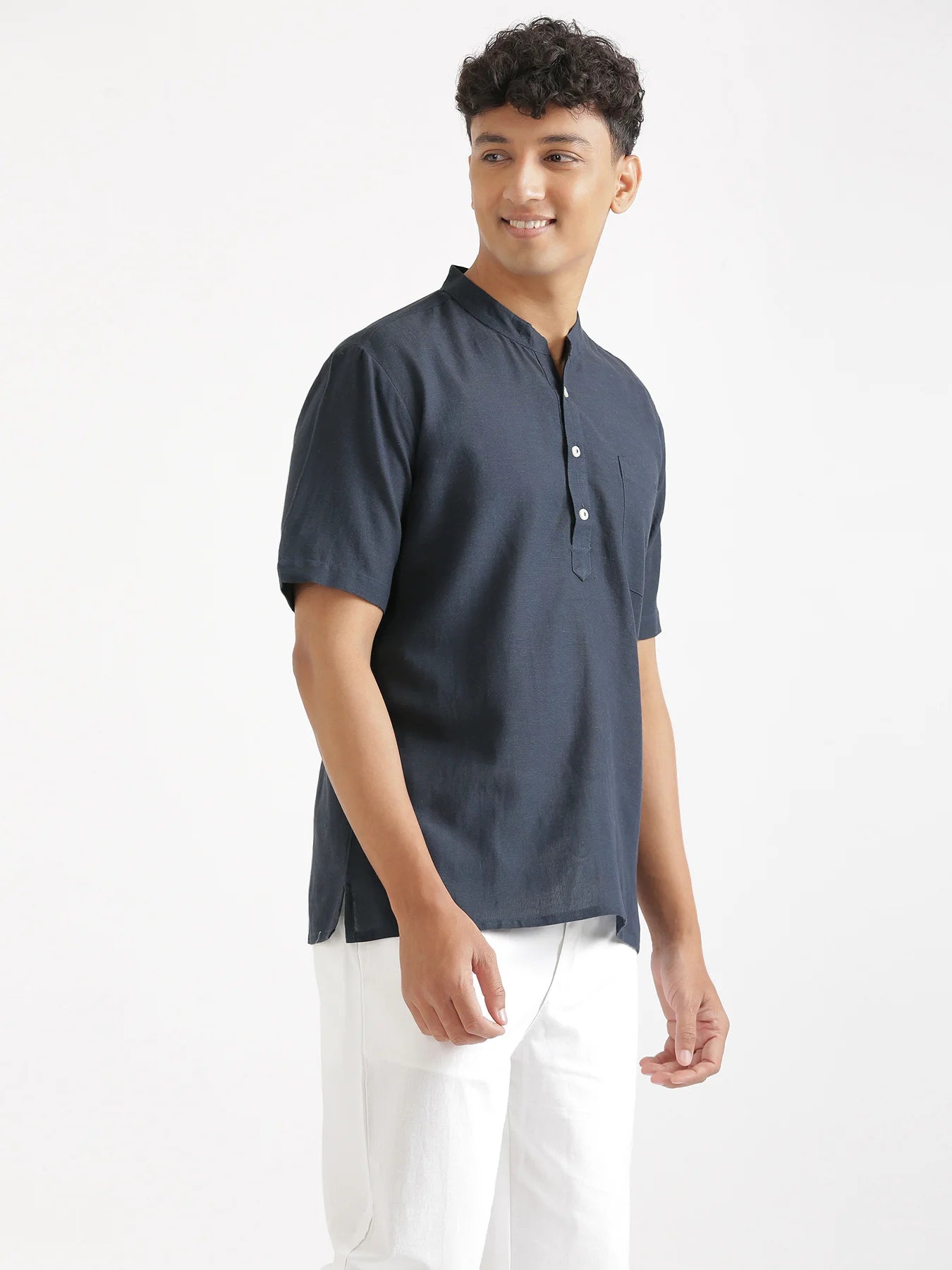 Men Flowy Linen Half Sleeve Navy Blue Kurta