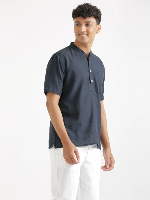 Men Flowy Linen Half Sleeve Navy Blue Kurta