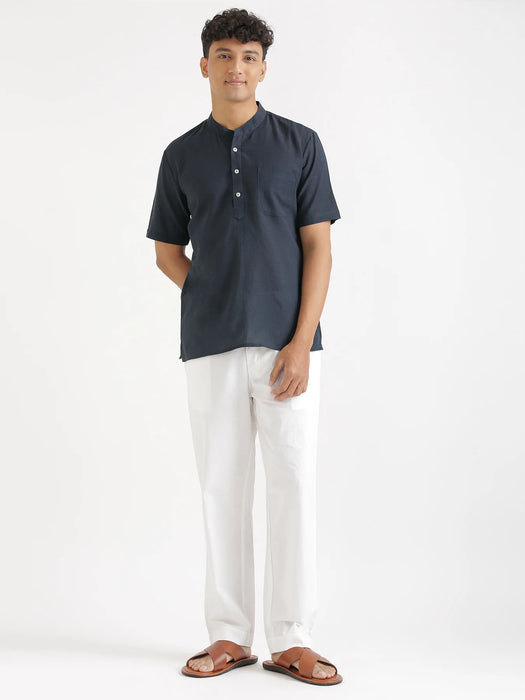 Men Flowy Linen Half Sleeve Navy Blue Kurta