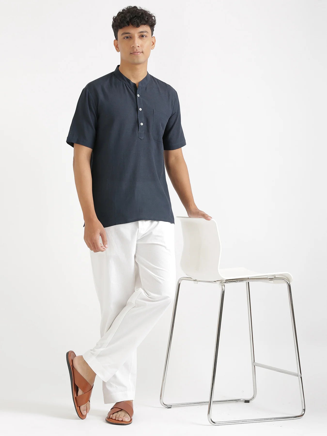 Men Flowy Linen Half Sleeve Navy Blue Kurta