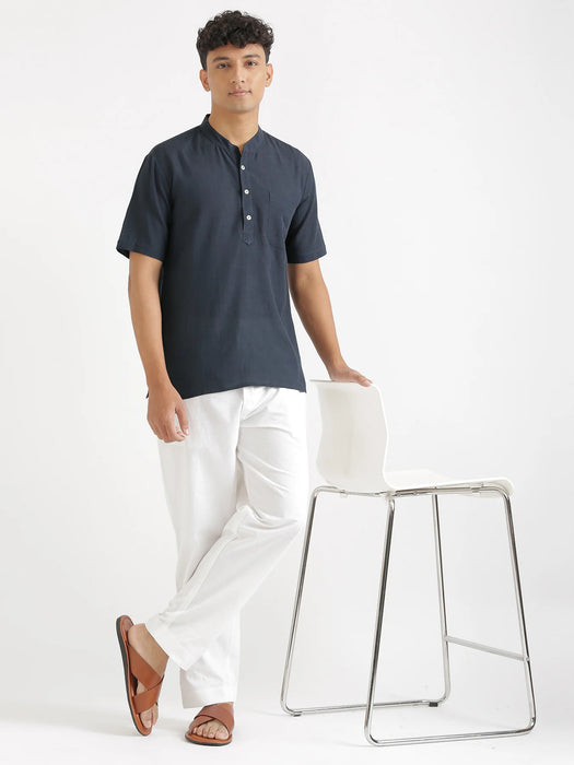 Men Flowy Linen Half Sleeve Navy Blue Kurta