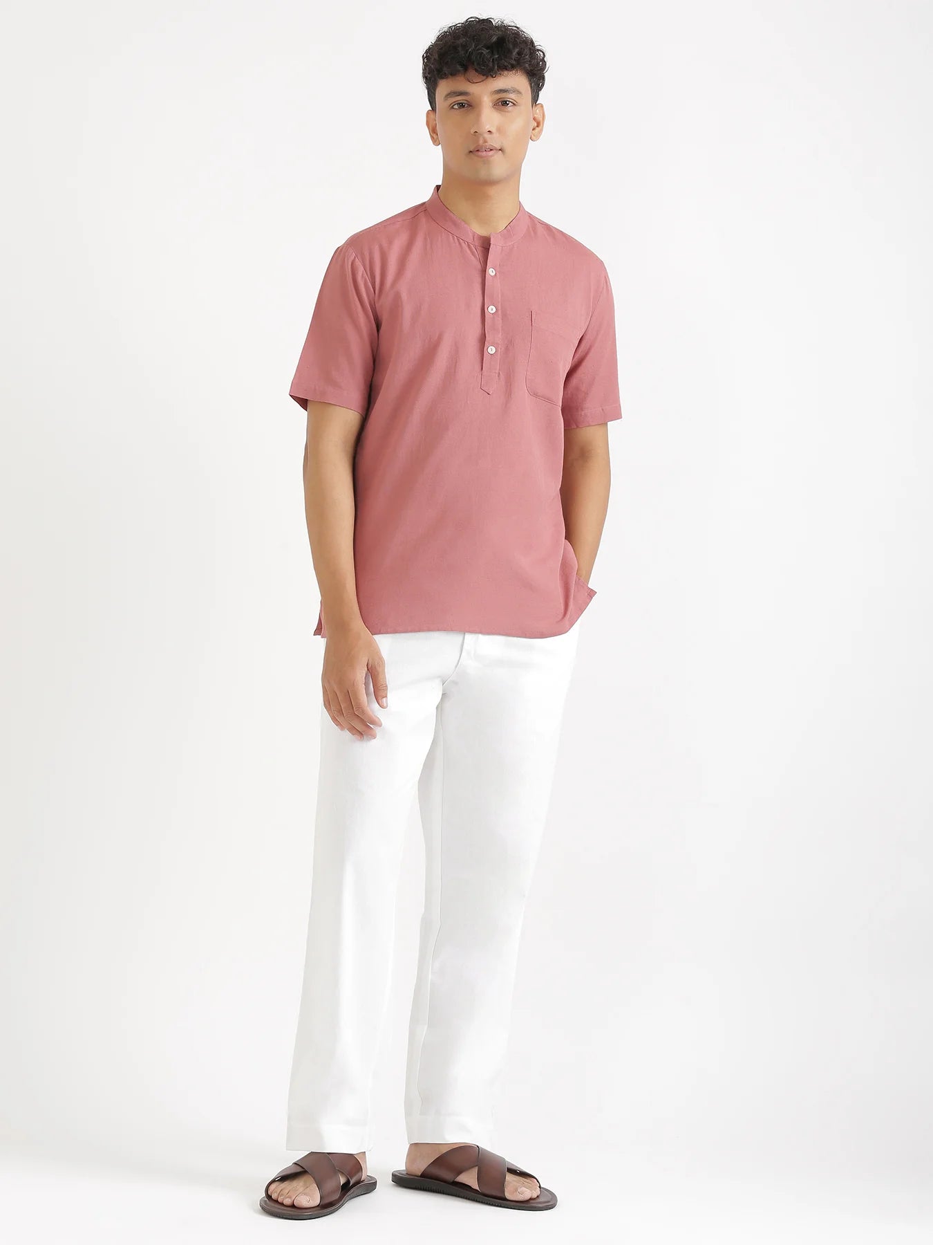 Men Flowy Linen Half Sleeve Rose Taupe Kurta