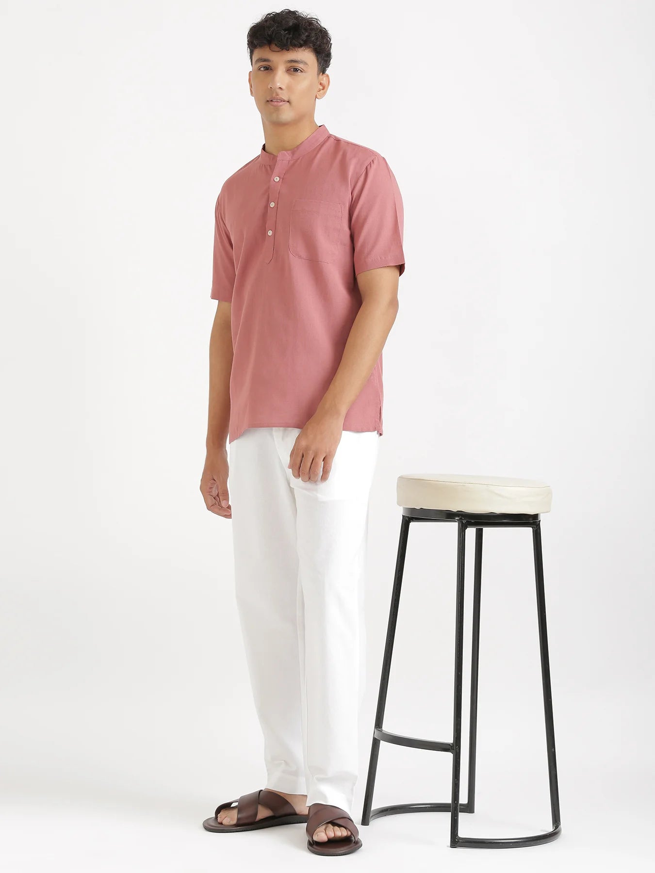 Men Flowy Linen Half Sleeve Rose Taupe Kurta