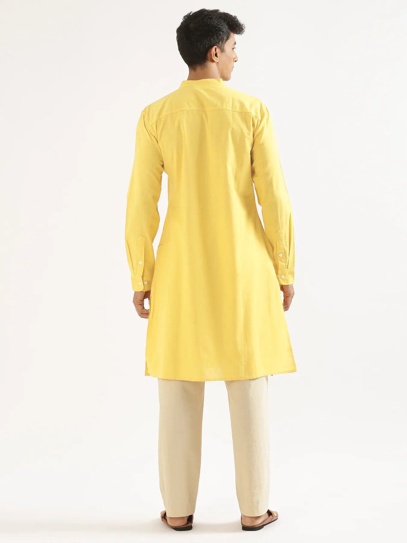 Men Lemon Yellow Airy Linen Long Kurta