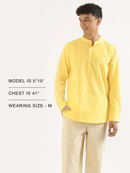 Men Lemon Yellow Airy Linen Short Kurta