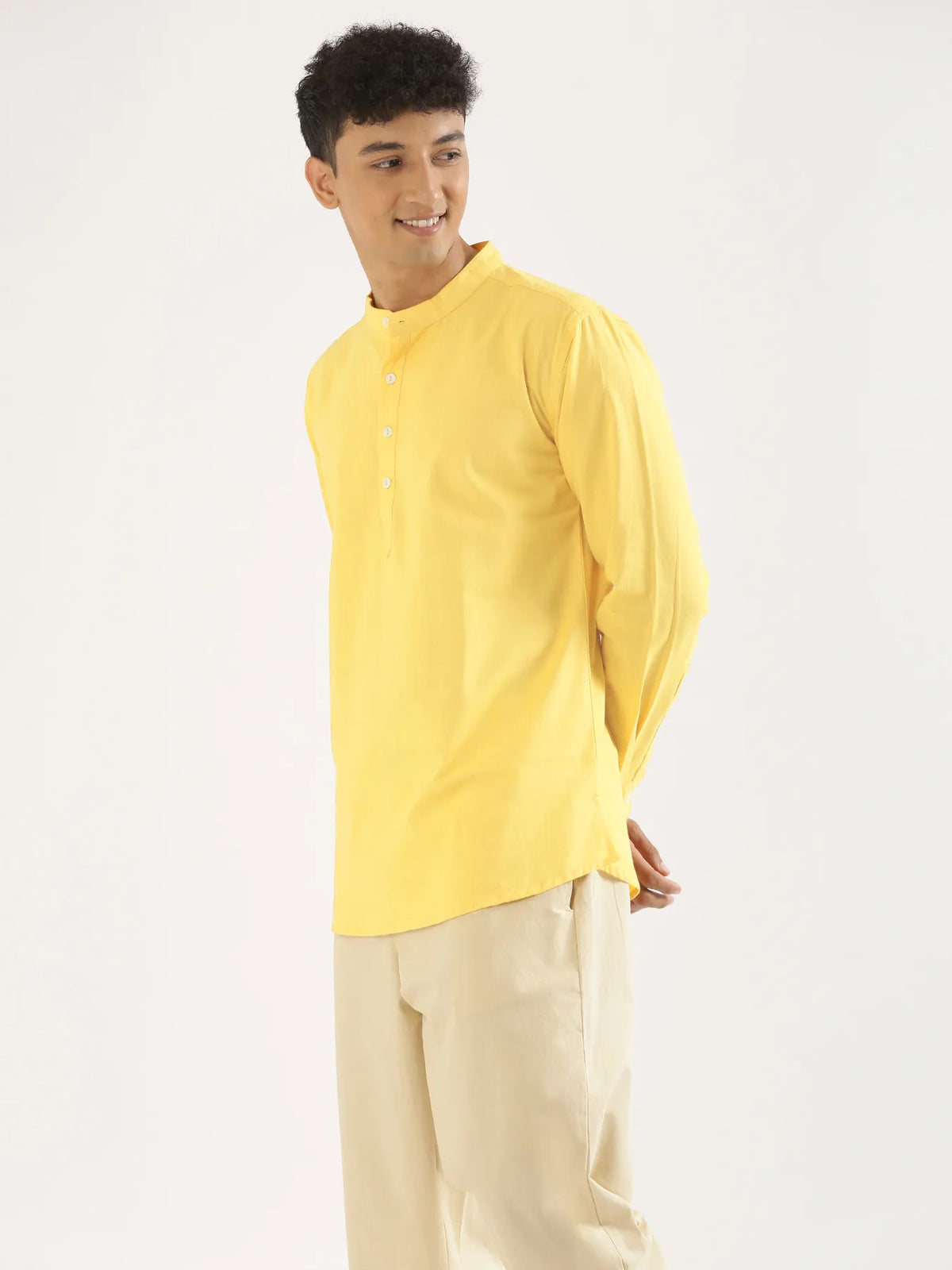 Pick Any 5 Men Short Kurta - Lemon Yellow Airy Linen