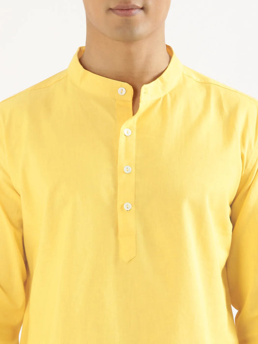 Men Lemon Yellow Airy Linen Short Kurta