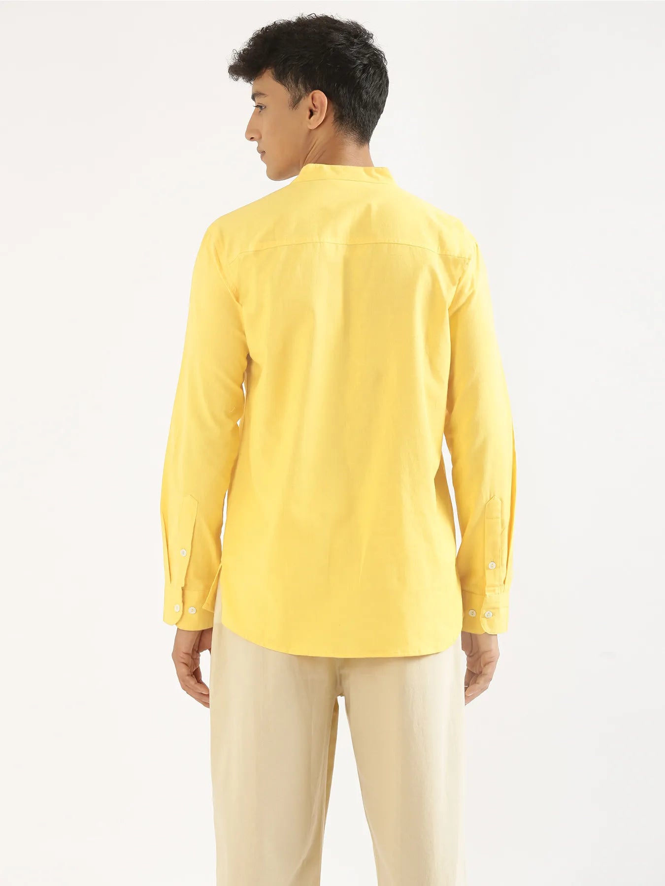 Men Lemon Yellow Airy Linen Short Kurta