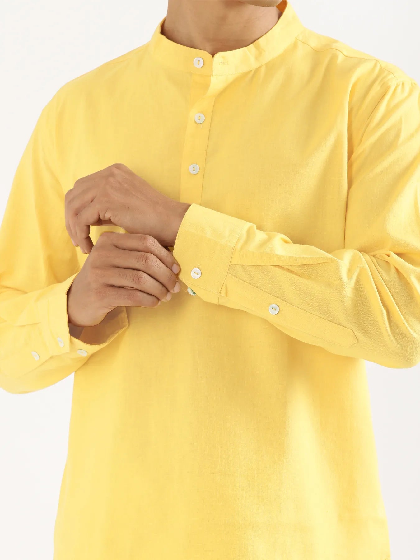 Men Lemon Yellow Airy Linen Short Kurta