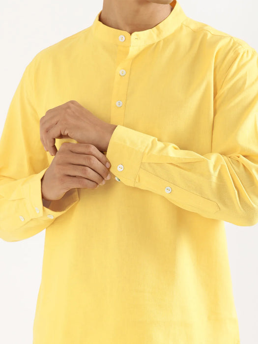 Men Lemon Yellow Airy Linen Short Kurta