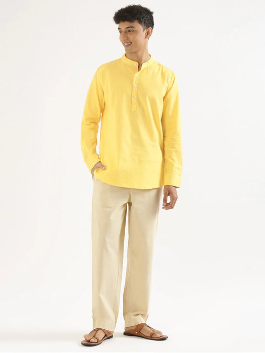 Men Lemon Yellow Airy Linen Short Kurta