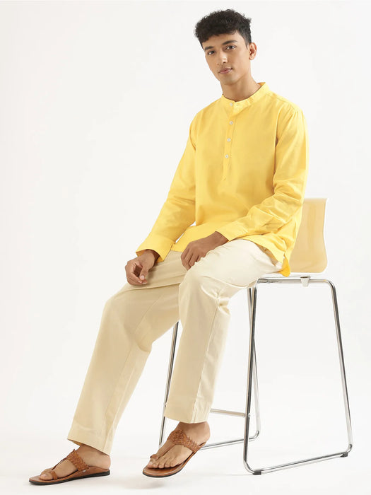 Men Lemon Yellow Airy Linen Short Kurta