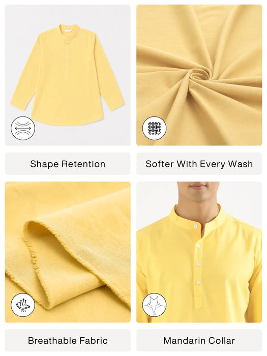 Men Lemon Yellow Airy Linen Short Kurta