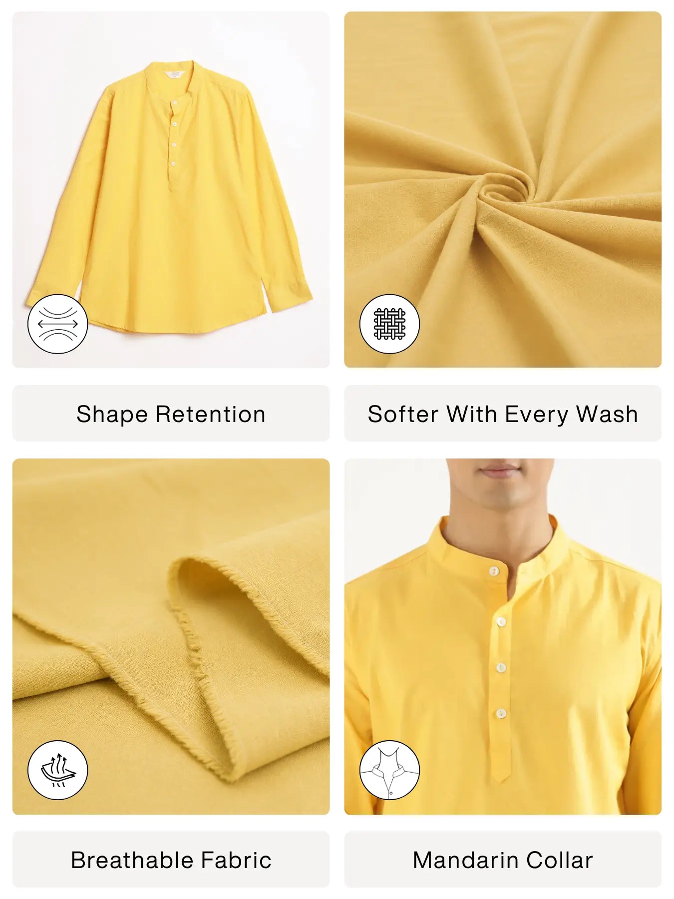 Men Yellow Airy Linen Short Kurta