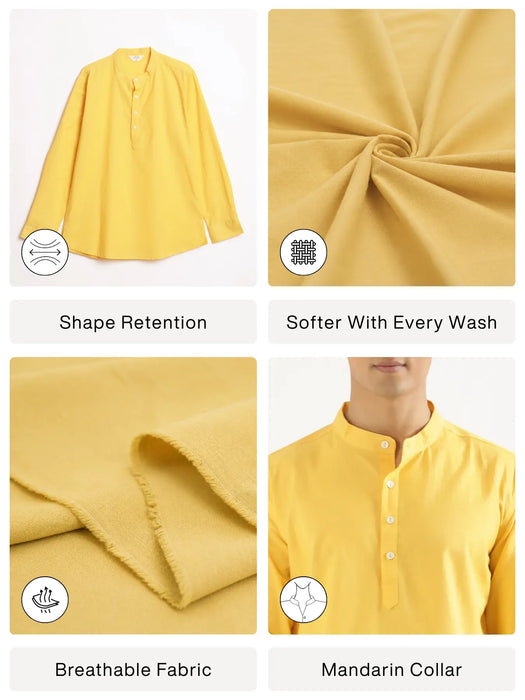 Men Yellow Airy Linen Short Kurta