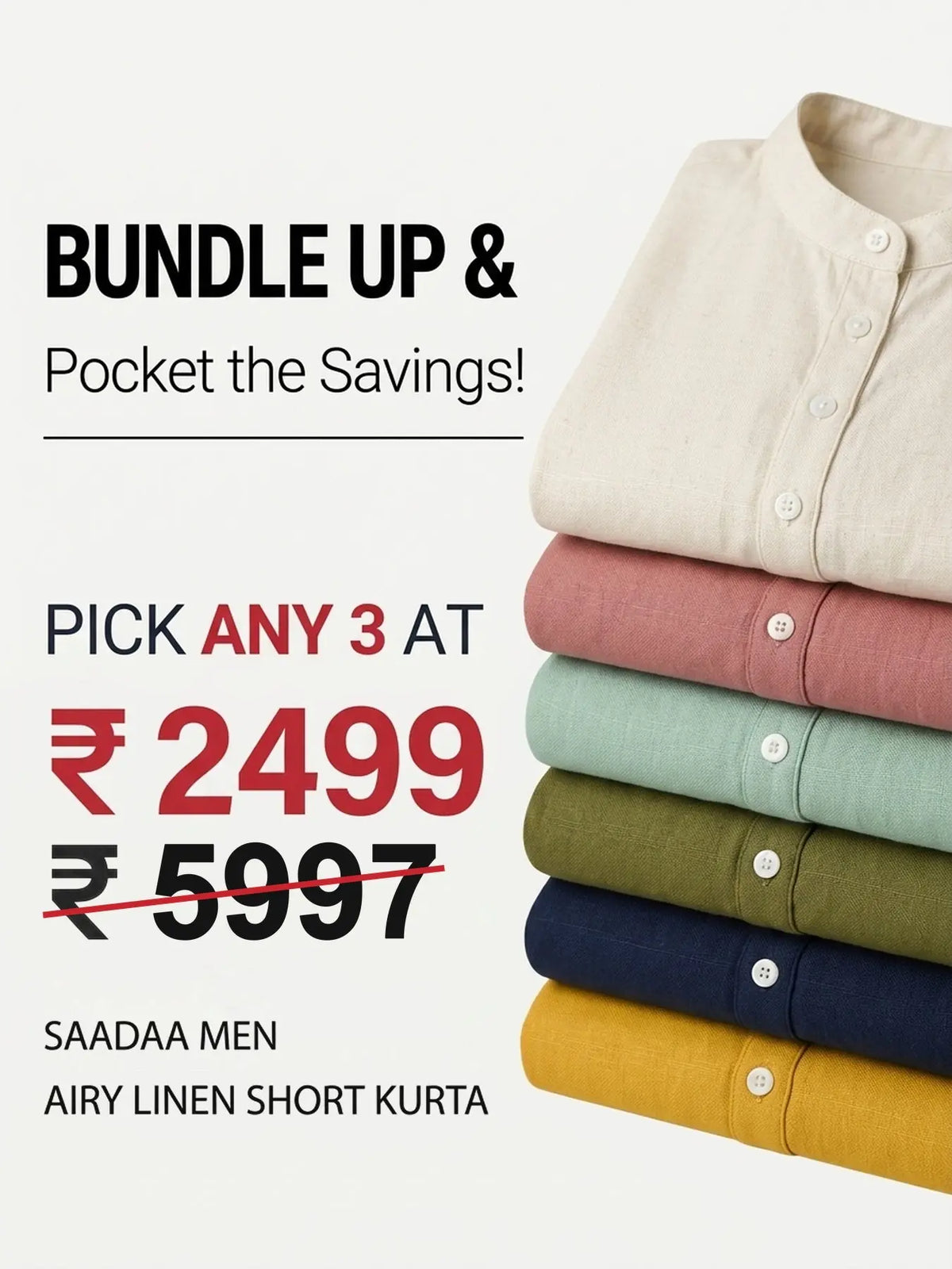 Pick Any 3 banner - Pick Any 3 Men Airy Linen Short Kurta