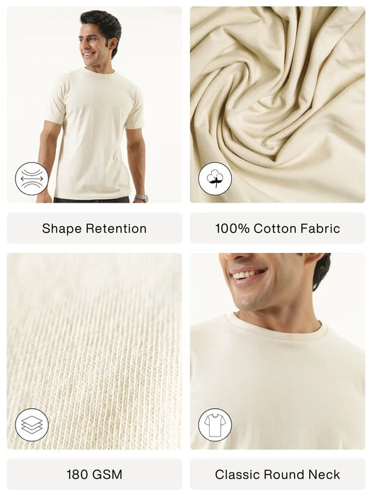 Men Beige Round Neck T-shirt