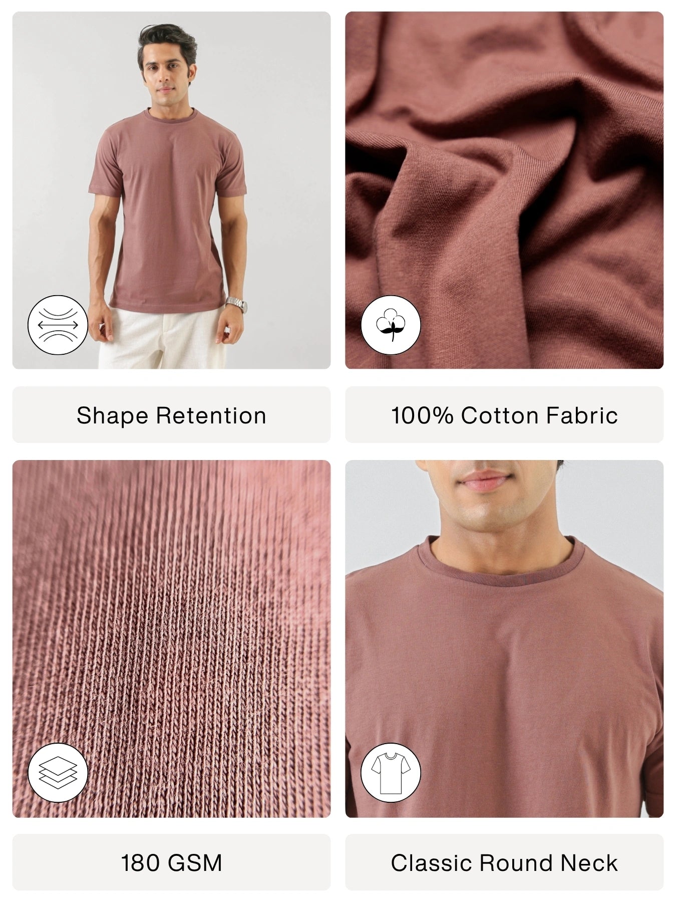 Men Rose Taupe Round Neck T-shirt