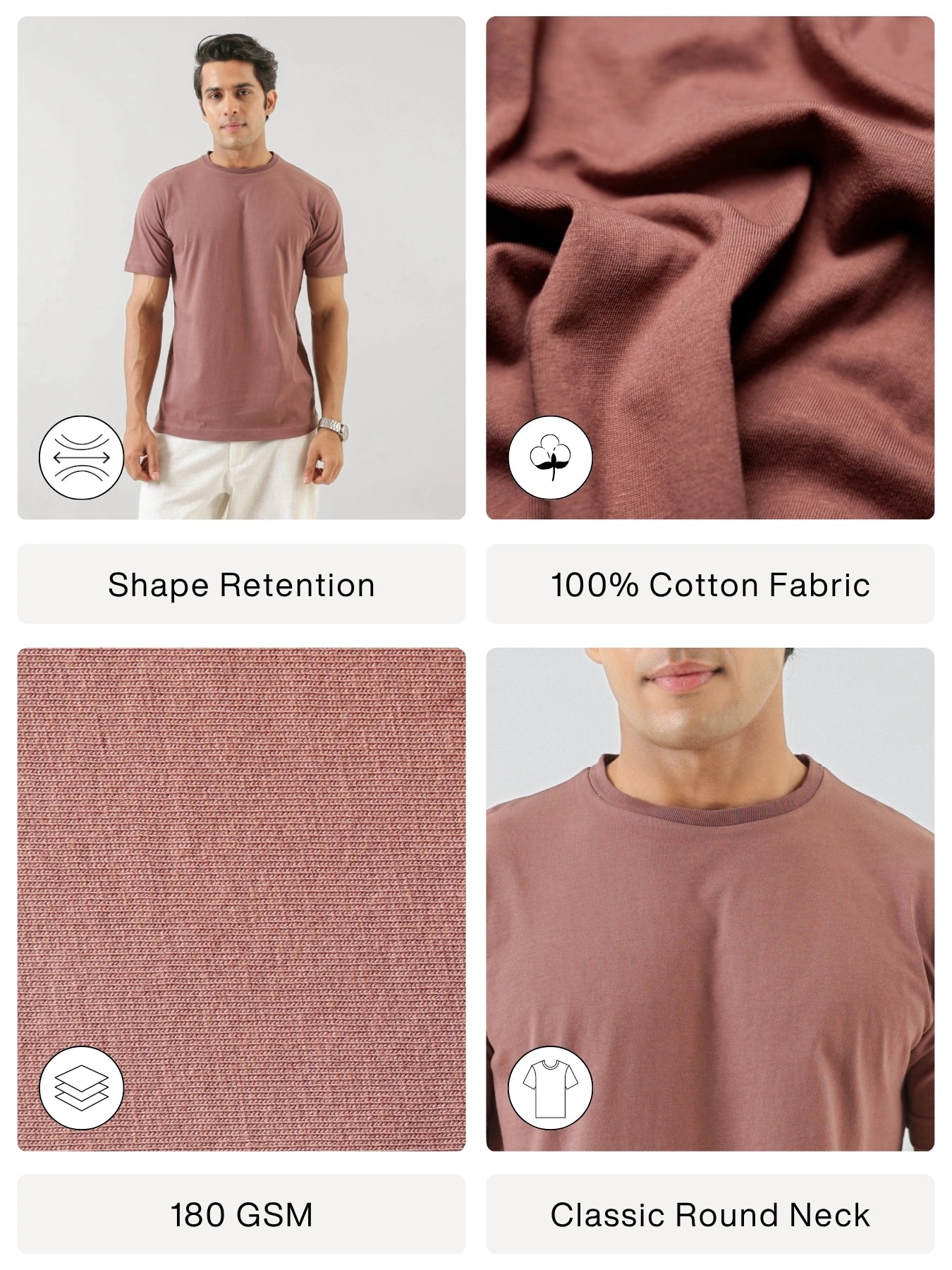 Men Rose Taupe Round Neck T-shirt