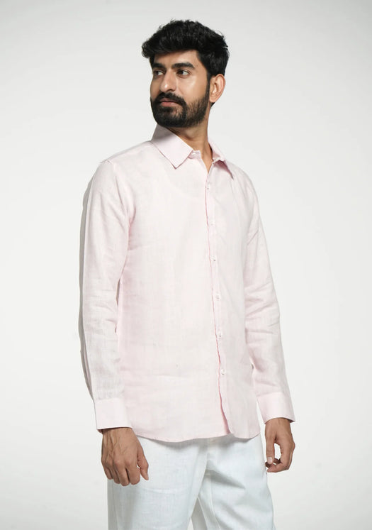 Men Blush Pink Pure Linen Full Sleeve Shirt