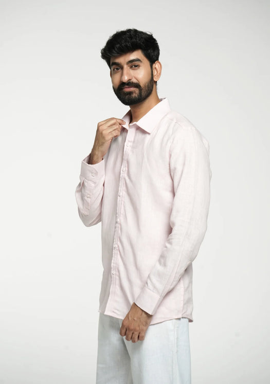 Men Blush Pink Pure Linen Full Sleeve Shirt
