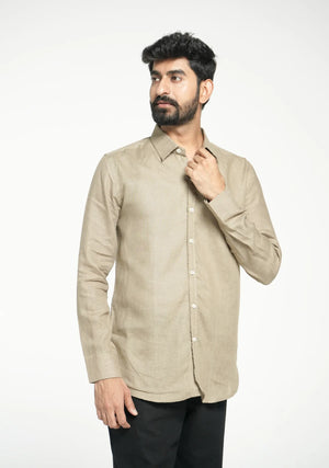 Men Khakhi Pure Linen Full Sleeve Shirt