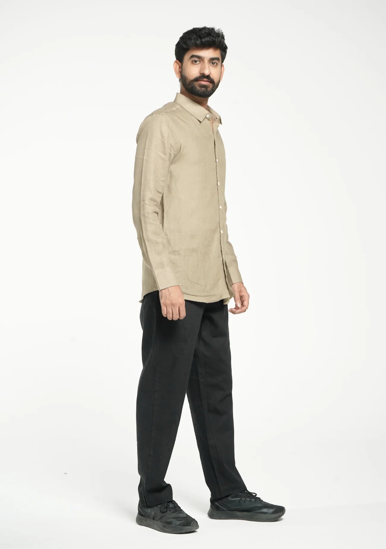 Men Khakhi Pure Linen Full Sleeve Shirt