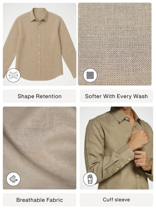 Men Khakhi Pure Linen Full Sleeve Shirt