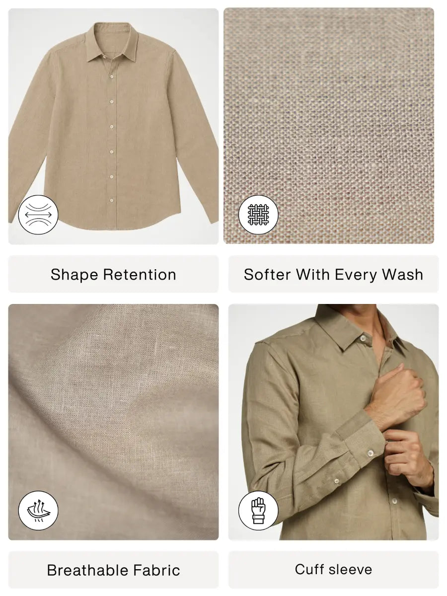 Men Khakhi Pure Linen Full Sleeve Shirt