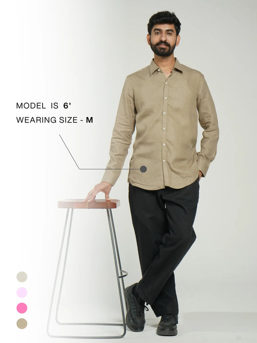 Men Khakhi Pure Linen Full Sleeve Shirt